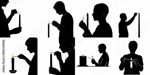 Collection of black silhouettes showing diverse people lighting candles with matches and lighters, representing hope, prayer, and ceremony.