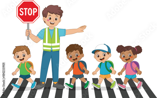 Cartoon illustration of school crossing guard helping children safely walk across crosswalk, educational safety concept for kids, traffic awareness scene