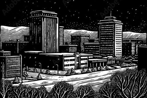 Anchorage appears in a snowy pencil sketch featuring mountains, icy streets, block-style buildings, and subtle shading that captures Alaska’s harsh northern winter