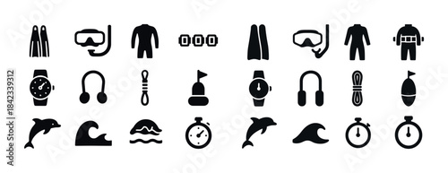 Diving icons set featuring gear and sea life silhouettes