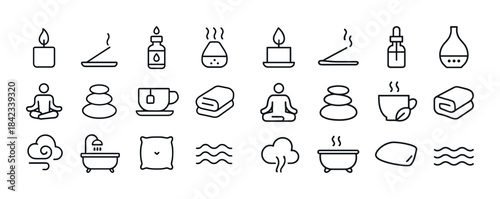 Spa and relaxation icons set: candles, aromatherapy, yoga, medit