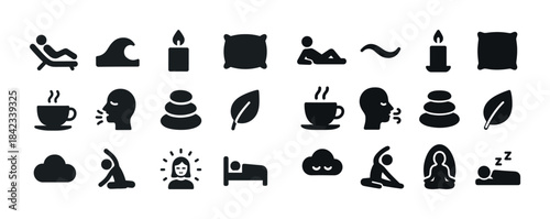 Icons of relaxation and wellness: yoga, meditation, aromatherapy