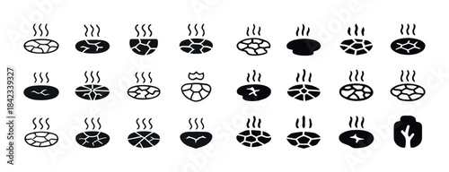 Collection of diverse bread icons with steam rising in black sil