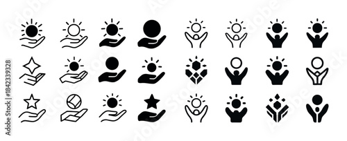 Collection of 24 sun and star icons in minimalist hand and human