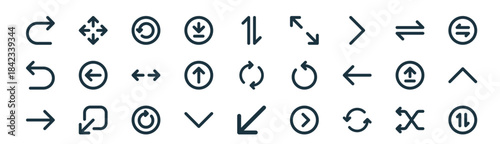 modern linear arrows icon set. vector thin line outline symbols for ui/ux app and web interfaces. minimal stroke collection including shuffle arrows, move button, rotate left, transfer data, up