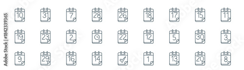 modern linear numerical calendar icon set. vector thin line outline symbols for ui/ux app and web interfaces. minimal stroke collection including calendar, calendar,