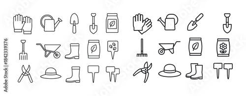 Gardening tools and accessories icons: glove, shovel, wheelbarro