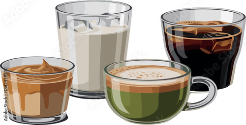 Coffee drink illustration set featuring iced coffee, matcha latte, dalgona coffee, and creamy milk beverages in realistic vector style