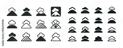 Simple mountain and cloud icon set in various styles and designs