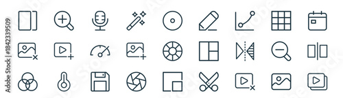 modern linear ui photo and video edit icon set. vector thin line outline symbols for ui/ux app and web interfaces. minimal stroke collection including picture, enlarge, microphone, grid, add photo,
