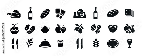 Collection of food and drink icons featuring cheese, wine, bread