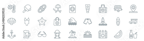 modern linear beach activity icon set. vector thin line outline symbols for ui/ux app and web interfaces. minimal stroke collection including water melon,  , rope, camper van, shopping bag, camping