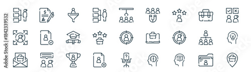 modern linear hiring process icon set. vector thin line outline symbols for ui/ux app and web interfaces. minimal stroke collection including folder, contract, screening, briefcase, quality, thought