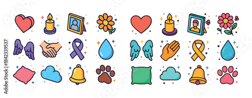 Colorful memorial and remembrance icons collection with flowers,