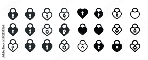 Diverse black and white heart and padlock icon set for security