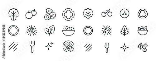 Vegetable and kitchen line icons: leaf, bowl, fork, sparkle, cir