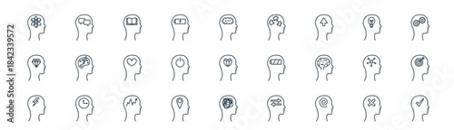 modern linear mind icon set. vector thin line outline symbols for ui/ux app and web interfaces. minimal stroke collection including mind, mind,