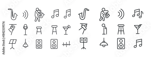 Music and entertainment icons set featuring instruments and acti