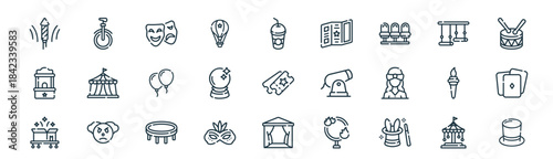 modern linear circus icon set. vector thin line outline symbols for ui/ux app and web interfaces. minimal stroke collection including carousel, unicycle, theater, trapeze, magic ball, poker,