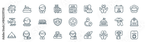 modern linear world refugee day icon set. vector thin line outline symbols for ui/ux app and web interfaces. minimal stroke collection including social justice, ship, volunteer, world refugee day,