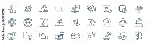 modern linear technology icon set. vector thin line outline symbols for ui/ux app and web interfaces. minimal stroke collection including cloud computing, technology, technology, didital, network,