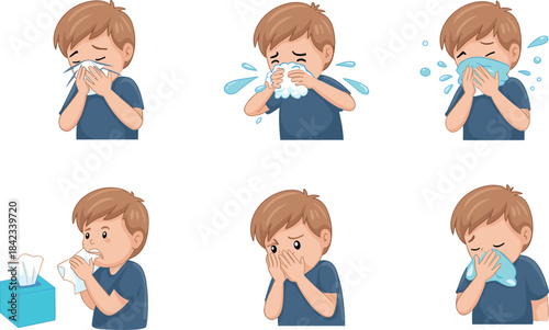 Cartoon sick boy sneezing and blowing nose, allergy symptoms, cold flu illness, runny nose, child health care illustration set for medical use