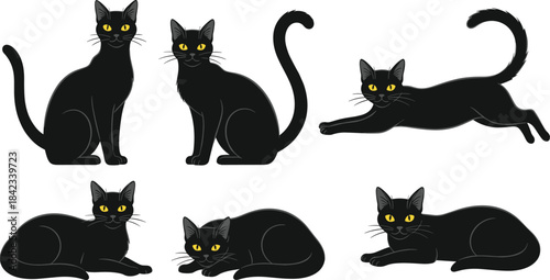 Black, cat, silhouette, pose, animal, pet, feline, vector, sitting, lying, running, cartoon, cute, yellow, eyes, sleek, design, illustration, character, icon