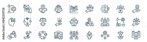 modern linear business value icon set. vector thin line outline symbols for ui/ux app and web interfaces. minimal stroke collection including competitive, strategic planning, integrity,