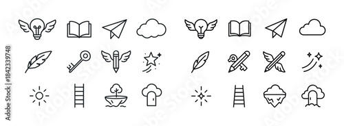 Minimalist office icon set: light bulb, book, paper plane, cloud