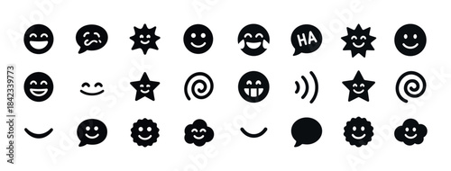 Collection of black and white emoji icons with various expressio