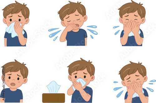 Cartoon sick boy sneezing and blowing nose, allergy symptoms, cold flu illness, runny nose, child health care illustration set for medical use