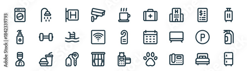 modern linear hotel icon set. vector thin line outline symbols for ui/ux app and web interfaces. minimal stroke collection including double bed, shower, hotel, invoice, wifi, fire extinguisher, pos