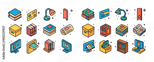 Colorful isometric icons of books, documents, and office supplie