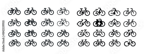Collection of 25 bicycle icon variations in black and white