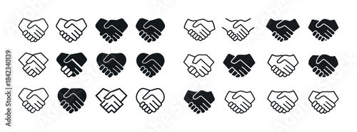 Diverse handshake icons set: black and white business, heart, an