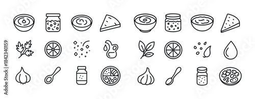 Collection of food icon set featuring spices, ingredients, and c