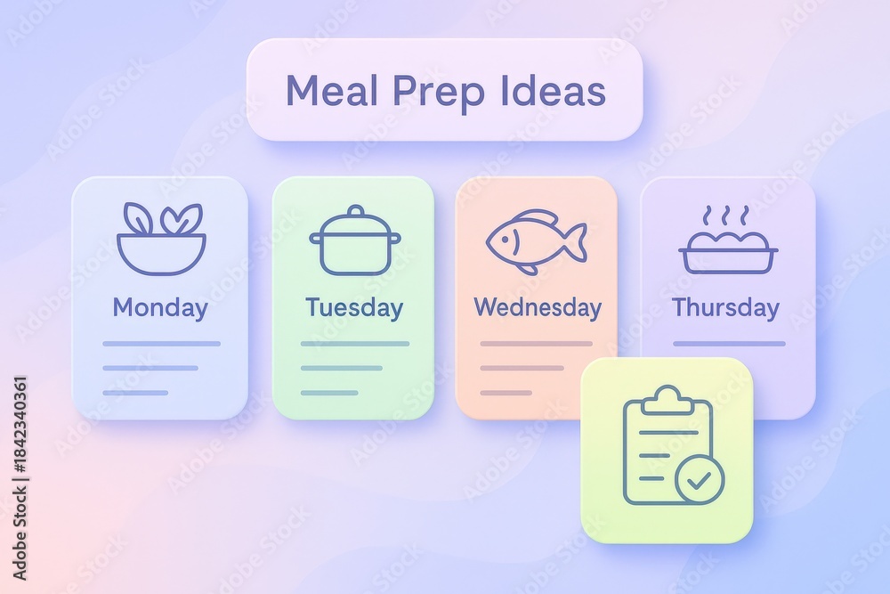Obraz premium Meal Prep Ideas Visualized for Weekly Planning with Engaging Icons Reflecting Healthy Eating and Organized Cooking Habits for a Balanced Lifestyle