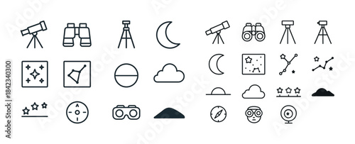 Astronomy and astrophysics icons: telescopes, stars, moon, const