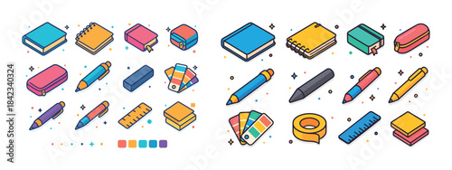 Colorful stationery set with notebooks pens rulers and more