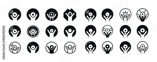 Collection of abstract human embrace icons in monochrome circula