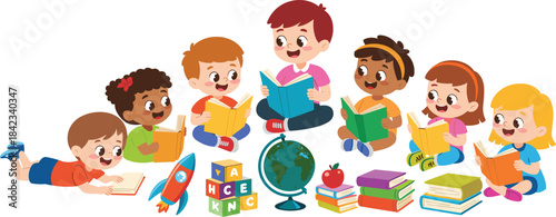 Cheerful cartoon kids reading books together, colorful educational learning scene with children, globe, toys, school supplies, early childhood education concept