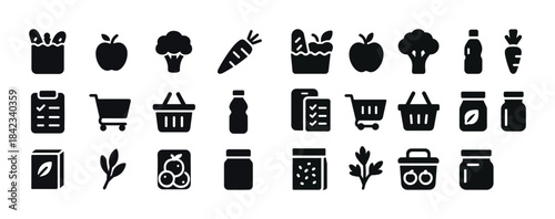 Set of grocery and food icons including vegetables, fruit, and s