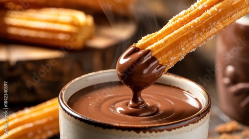 Close-up of Crispy Sugared Churro Being Dipped into Cup of Thick Steaming Hot Chocolate Sauce