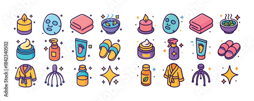 Spa and relaxation icons: candles, masks, towels, creams, slippe
