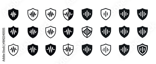 Set of black and white sound wave and shield icons in rows