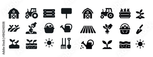 Farm icons collection: tractor, barn, plants, tools, harvest sym