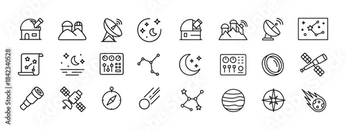 Space and astronomy icons: telescopes, satellites, constellation