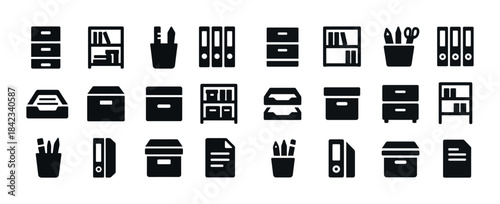 Collection of black office supply icons including storage, binde