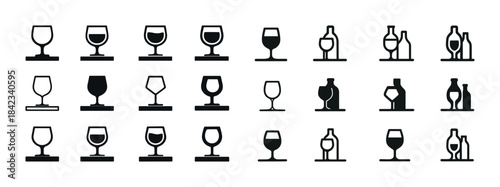 Icon set of wine and beer glasses - black and white silhouettes