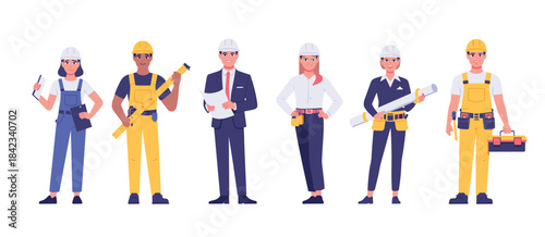 Construction workers and engineers wearing hard hats, holding tools and blueprints, diverse team illustration, professional staff, architecture industry, teamwork concept, occupation